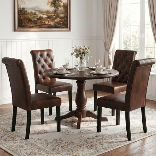 LSSBOUGHT Upholstered Dining Chairs Set of 4,Tufted Parsons Kitchen Chair with Solid Wood Legs, Modern PU Leather Side Chair for Dining Room/Restaurant(4pcs,Brown) - color: Brown-pu, size: Set of 4