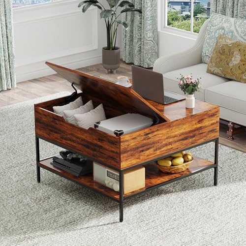 31.5" Farmhouse Coffee Table, Flip-Top Coffee Square Table with Storage Compartment, Wooden Rustic Cocktail Table for Living Room, Bedroom, Apartment, Studio, Dark Walnut - color: Dark Walnut