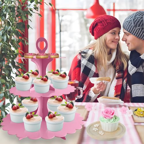 3-Tier Pink Cupcake Stand, Heart Handle Dessert Display Tower, Perfect for Girl Birthday Baby Shower Small Parties, Easy Assembly (1-Pack) ﻿ - color: Pink 1 Pack
