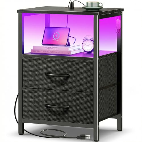 Huuger Night Stand with Charger Station and LED Lights, 2 Drawer Nightstand, Bed Side Table with Open Shelf, End Table, Fabric Drawers for Bedroom, Black - color: Black, size: 11.8"D x 15.7"W x 23.6"H（2 Drawers）