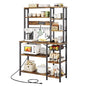 GRUSIGN Kitchen Bakers Rack with Storage, 6-Tier Coffee Bar Station with Power Outlet, Microwave Stand with 12 S-Shaped Hooks, Open Kitchen Storage Shelves for Spices, Pots and Pans, Rustic Brown