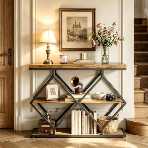 Garvee 3 Tier Console Table,39" Industrial Entryway Table,Open Wood Shelves | Sofa Table,Narrow Wood Accent Tables with Metal Frame for Hallway,Living Room,Behind Couch,Foyer,Entrance,Rustic Brown - color: Rustic Brown + Diamond-shaped