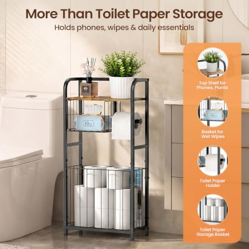 Freestanding Toilet Paper Holder Stand with Storage forSmall Bathroom Space | Holds 9 Spare Rolls, Phone, Wipes & Magazines –Large Capacity Toilet Paper Stand – Toilet Roll Dispenser and Organizer - color: Black
