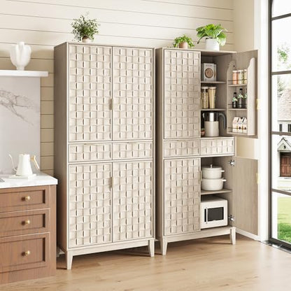 Pantry Cabinet, 71" Tall Pantry Cabinet,Modern Kitchen Cabinet with Doors, Drawers & Adjustable Shelves, Freestanding Food Pantry Cupboard with Side Rack for Kitchen Dining Room,Oak - color: Oak