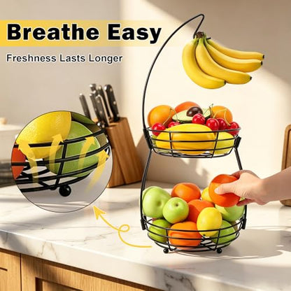 2 Tier Fruit Bowl, Stackable Fruit Basket-Vegetable Holder, Large Capacity Thick Metal Wire Basket with Banana Hanger, Kitchen Countertop Fruit Veggies Storage, Black