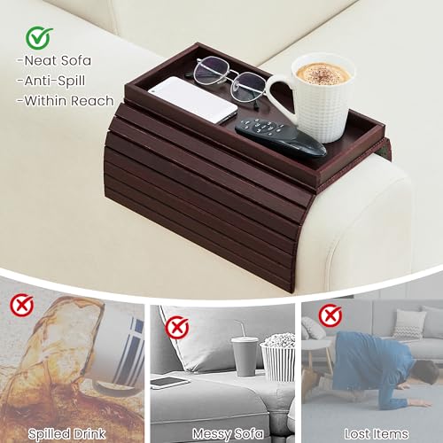 GEHE Bamboo Sofa Arm Tray, Foldable Couch Arm Tray Side Table, Anti-Falling Armrest Tables Cup Holder for Snacks, Drinks, Beers, Phone, Control, Flexible and Portable, Anti-Slip - color: Mahogany
