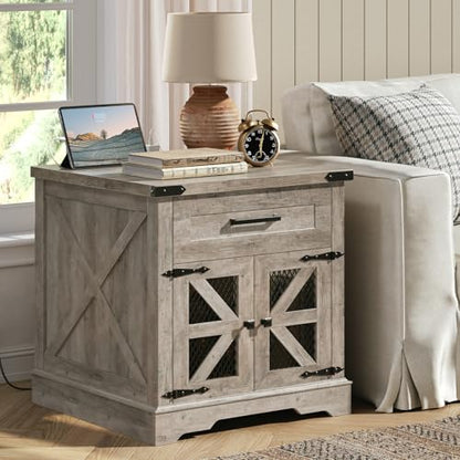 RALGEND Farmhouse End Table with Charging Station, 24" Large Sofa Side Table with Drawer, Large End Table for Living Room, Wooden Nightstand with Outlet, Square, Greige - color: Greige
