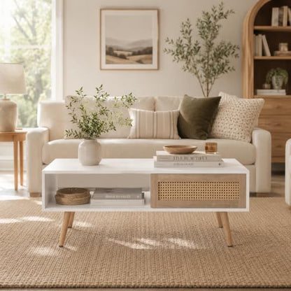 Meihua Rattan Coffee Table with Sliding Door Storage, Mid Century Modern Center Table with Open Shelf and Hidden Compartment, Natural Wood Coffee Table with Solid Wood Legs for Living Room, Apartment - color: White