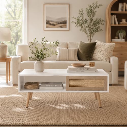 Meihua Rattan Coffee Table with Sliding Door Storage, Mid Century Modern Center Table with Open Shelf and Hidden Compartment, Natural Wood Coffee Table with Solid Wood Legs for Living Room, Apartment - color: White