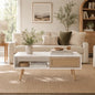 Meihua Rattan Coffee Table with Sliding Door Storage, Mid Century Modern Center Table with Open Shelf and Hidden Compartment, Natural Wood Coffee Table with Solid Wood Legs for Living Room, Apartment - color: White