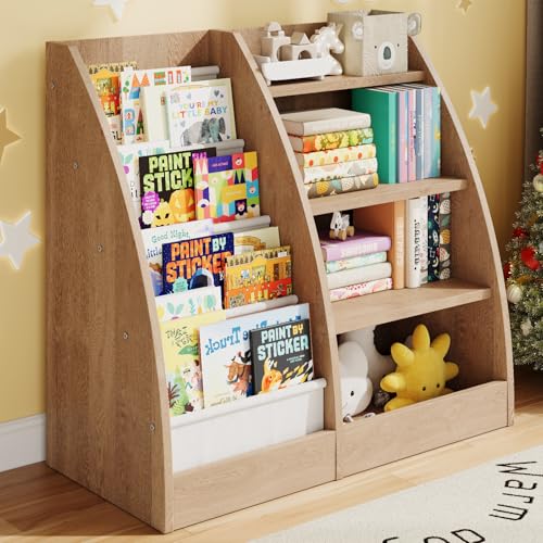4 Tier Kids Bookshelf,4 Layer Sling Kids Book Shelf for Kids Rooms,Wood Children Bookcase,Baby Storage Book Rack,Toddler Bookshelf, Book and Toy Organizer,Book Display Shelf for Bedroom, Nursery - color: Burlywood, size: Large