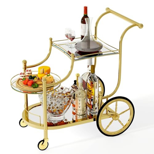 Tangkula Bar Cart, 3-Tier Rolling Home Bar Serving Cart with Mirrored Shelves & 4 Wheels, Mobile Beverage & Wine Cart for Kitchen, Dining Room, Living Room (Gold) - color: Gold