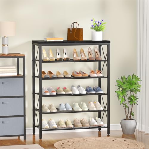6-Tier Shoe Rack, Metal Shoe Stand with Wooden Top & 4 X Frames, Holds up to 24 Pairs, Sturdy Shoe Shelf for Entryway Closet Garage, Black - color: Black, size: 27.8"L x 10.8"W x 39.2"H