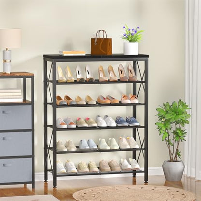 6-Tier Shoe Rack, Metal Shoe Stand with Wooden Top & 4 X Frames, Holds up to 24 Pairs, Sturdy Shoe Shelf for Entryway Closet Garage, Black - color: Black, size: 27.8"L x 10.8"W x 39.2"H