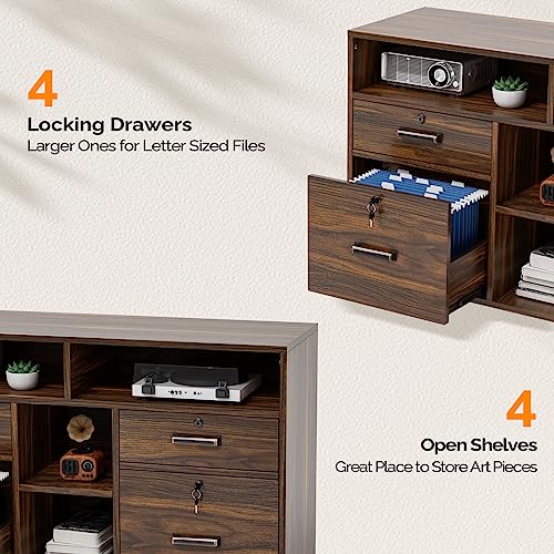 VINGLI Dark Brown Wood Lateral File Cabinet with Lock, 4 Drawer & 4 Open Shelves, Rolling File Cabinet for Home Office, Letter Sized - color: Dark Brown