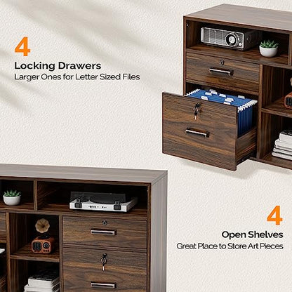 VINGLI Dark Brown Wood Lateral File Cabinet with Lock, 4 Drawer & 4 Open Shelves, Rolling File Cabinet for Home Office, Letter Sized - color: Dark Brown