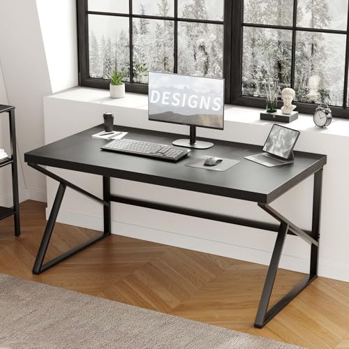 HSH Black Desk, Modern Industrial Home Office Computer Desk, Laptop PC Desk for Student Work Writing Study Gaming, Simple Metal and Wooden Computer Table in Bedroom Living Room Workstation, 55 Inch - color: Black Oak, size: 55 Inch