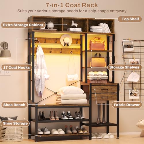 Itaar Hall Tree with Bench and Shoe Storage, 7-in-1 Entryway Bench with Coat Rack, 3 Storage Cubbies, 3 Open Shelves, 17 Coat Hooks, 2 Fabric Drawers (Rustic Brown) - color: Rustic Brown
