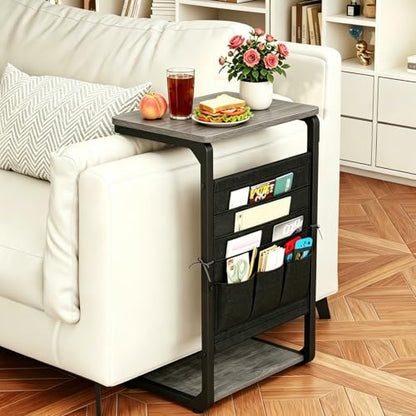 TV Tables for Eating Over Couch, Sofa Side Table Tray Dinner Recliner Chair | TV Trays on Couch Tables that Slide Under, Small Laptop C Shaped End Stand, Snack Food Breakfast Drink, Living Room ET-P-GYW1 - color: Greige