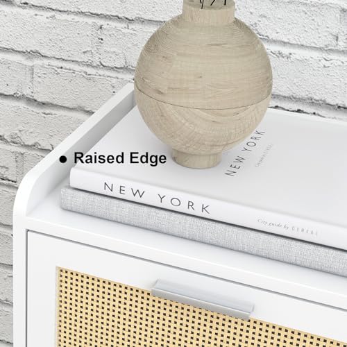 LAATOOREE Nightstand Set of 2, Small White Bedside Table, End Table with Rattan Door, Boho Side Table with Solid Wood Legs for Bedroom Living Room Small Space - color: White, style: Boho Style