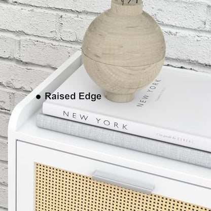 LAATOOREE Nightstand Set of 2, Small White Bedside Table, End Table with Rattan Door, Boho Side Table with Solid Wood Legs for Bedroom Living Room Small Space - color: White, style: Boho Style