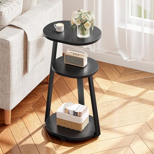 Kalrin Side Table, Small End Table with Metal Frame, 3-Tier Bedside Tables, Round Side Tables for Living Room Bedroom Couch Bathroom, Oval, Pure Black - color: Pure Black