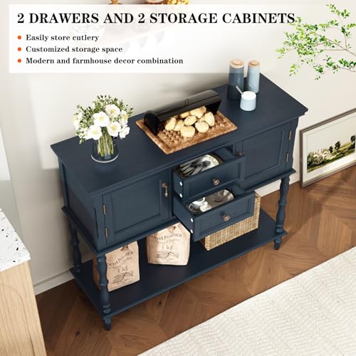 ARTPOWER Console Table with 2 Drawers, Retro Entryway Table with 2 Door Cabinets and Open Storage Shelf, Narrow Long Behind Couch Sofa Table for Living Room, Foyer, Hallway, Blue - color: Blue