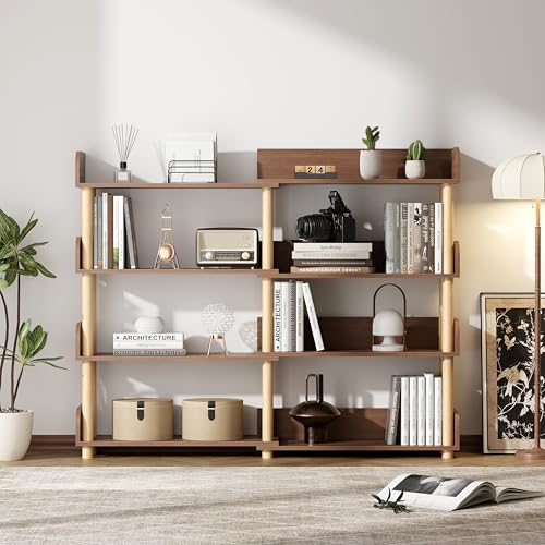 4 Tier Retractable Rotatable Bookcases, Wooden Corner Book Shelf, Storage Rack for CDs,Movies,Books, Rustic Brown Bookcase, Utility Organizer Shelves for Living Room Home Office