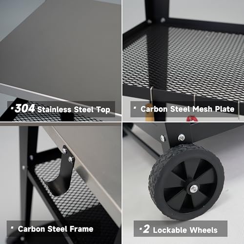 LEETOLLA Stainless Steel Outdoor Grill Cart with Wheels, Heavy-Duty 3-Tier BBQ Prep Table for Pizza Oven, Griddle, Patio – Rustproof Commercial Kitchen Cart with Tool Hooks - color: 304 Stainless Steel