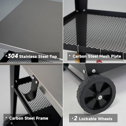 LEETOLLA Stainless Steel Outdoor Grill Cart with Wheels, Heavy-Duty 3-Tier BBQ Prep Table for Pizza Oven, Griddle, Patio – Rustproof Commercial Kitchen Cart with Tool Hooks - color: 304 Stainless Steel