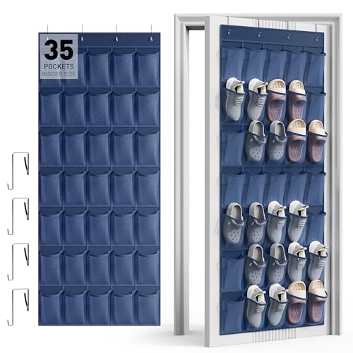 WVM Over the Door Shoe Organizer with 35 Breathable Mesh Pockets, Hanging Shoe Organizer for Door with 4 Metal Hooks, Large Capacity Closet Storage for Shoes, Accessories - color: Blue
