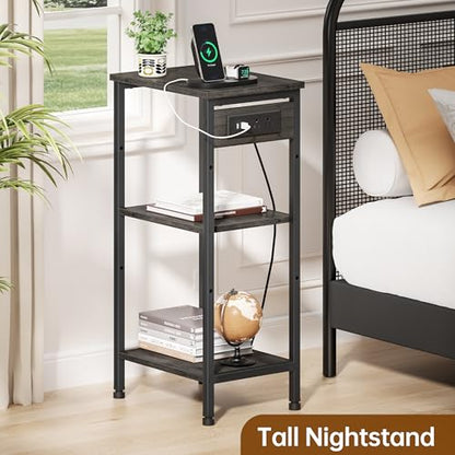Asgolion Tall End Table with Charging Station, 3 Tier Narrow Beside Table with Adjustable Shelf, Tall Gray Side Table Nightstand for Bedroom, Living Room Coffe Table, Office, Charcoal Grey - color: Charcoal Grey, size: 14.8"D x 11"W x 30"H