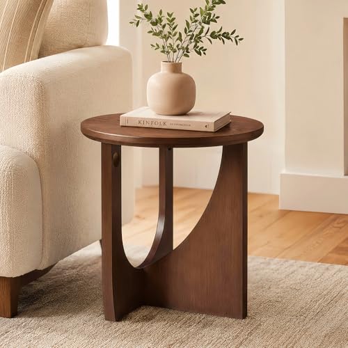 100% Solid Wood Round Side Table, 19.7'' Walnut Brown Small End Table, Sofa Side Table with Sculptural Curved Base, Minimalist Accent Table for Living Room, Bedroom, Reading Nook
