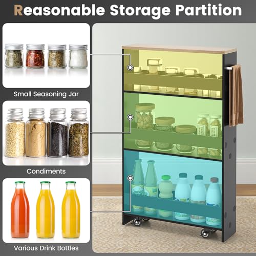 4-Tier Slim Rolling Storage Cart, Wooden Kitchen Utility Cart with Wheels & Handle, Space Saving Trolley, Slide Out Shelving Unit for Narrow Spaces, Laundry, Bathroom (Black + Natural) - color: Black + Natural