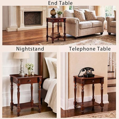 Narrow End Side Table with Drawer and Storage Shelf Set of 2, Sofa Beside Table,No-Tools Assembly Antique Wood Nightstand for Living Room,Small Space, 27.6”H x 19.7”L x 15.7”W Cherry Walnut GBJ1533WD - color: Cherry Walnut Set of 2