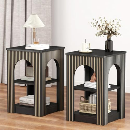 weselon End Table Set of 2, Mid-Century Modern Side Table with 3-Tier Storage Shelves and Arched Carving Lines, Square Fluted Nightstand for Living Room, Bedroom, or Office (2, Black) - color: Black