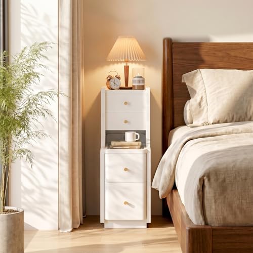 Narrow Nightstand with 4 Drawers, 7.9" Solid Wood Narrow Bedside Table White with Open Shelf & Cable Hole, Modern Night Stand Slim Bedside Table for Bedroom(Fully Assembly) - color: White