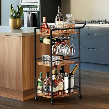 LOTEYIKE 3 Tier Bar Cart, Mini Liquor Utility Cart for Wine Beverage Dinner Party, Rolling Wine Coffee Drink Serving Cart with Lockable Wheels for Home Kitchen Bars (Rustic Brown) | Rolling Wine Coffee Drink Serving Cart with Lockable Wheels for Home Kitc