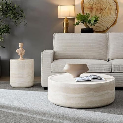 Modern Round Coffee Table End Table Set of 2 Faux Travertine Marble Pattern Circle Coffee Tables Side Table Set for Living Room Apartment No Need Assembly (Fiberglass 2piece) - color: Faux Travertine-round-set of 2