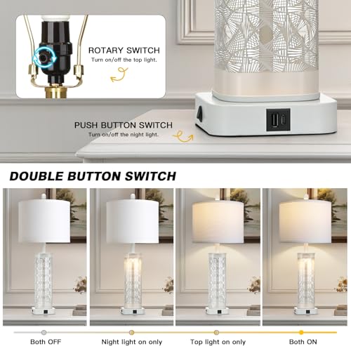 28" White Print Glass Table Lamp Set of 2 with Night Light, Modern Bedside Lamps with USB C+A Charging Ports, Nightstand Lamps for Living Room, Glass Lamps for Bedroom End Table, 2 Bulbs Included - color: White Print(2 Pack)