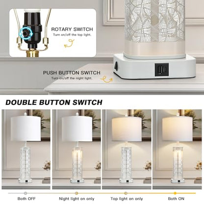 28" White Print Glass Table Lamp Set of 2 with Night Light, Modern Bedside Lamps with USB C+A Charging Ports, Nightstand Lamps for Living Room, Glass Lamps for Bedroom End Table, 2 Bulbs Included - color: White Print(2 Pack)