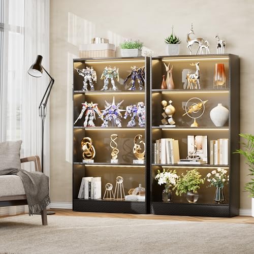 CODACE Tall Wooden 4-Tier Black Bookshelf - Display Cabinet with LED Lights | Lighted Book Shelves, Display Case for Collectibles, Manga ,Figures, Modern Bookcase for Bedroom, Living Room, Gaming room - size: 4 Tiers - 10.2"D x 27.6"W x 59.1"H
