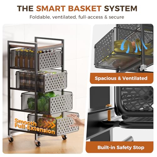 5 Tier Kitchen Storage Cart with Wheels, Utility Fruit Vegetable Storage Rack Stand with Pull-Out Baskets & Wood Top, Metal 4-Drawers Rolling Snack Cart, Kitchen Cart for Potato Onion(Black) - color: Black
