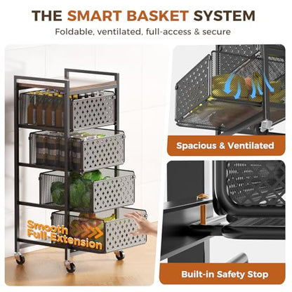 5 Tier Kitchen Storage Cart with Wheels, Utility Fruit Vegetable Storage Rack Stand with Pull-Out Baskets & Wood Top, Metal 4-Drawers Rolling Snack Cart, Kitchen Cart for Potato Onion(Black) - color: Black
