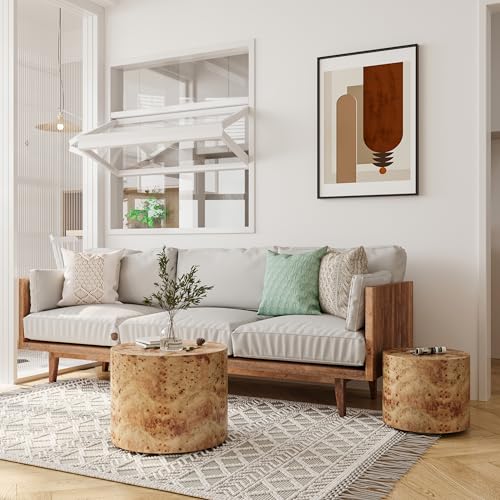 Nesting Coffee Table Set of 2, Modern Round Coffee Table, Wooden Circle Accent Tables for Small Spaces Living Room Bedroom Balcony Office Drum Side Table, Natural Burl - color: Natural Burl