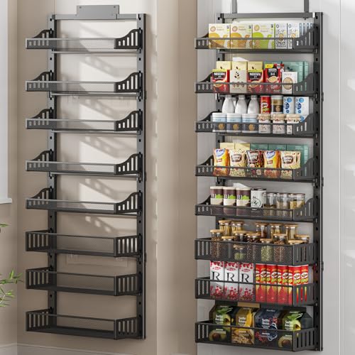 POKIPO 8-Tier Over the Door Pantry Organizer, Large Metal Door Spice Rack with Adjustable Basket, 2 in 1 Wall Mount or Hanging Heavy-Duty Pantry Door Storage Shelf for Kitchen and Bathroom, Black - color: Black
