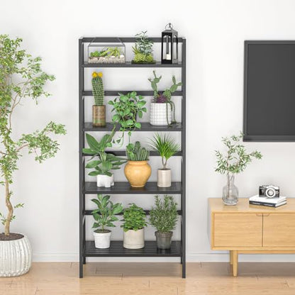 Homykic Bamboo Bookshelf 4-Tier Ladder Shelf, 49.2” Freestanding Open Bookcase Book Shelf Bathroom Storage Shelf Unit Plant Stand for Small Space, Living Room, Bedroom, Home Office, Black - color: Black