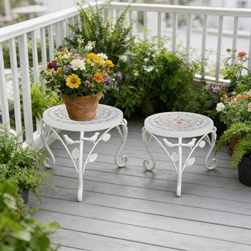 Set of 2 Plant Stand for Indoor Outdoor, Heavy Duty Cast Iron with 10" Ceramic Tile Top Plant Table, Tall Vintage Decorative Plant Rack, Mosaic Flower Pot Holder for Home Garden Porch Yard Patio - color: Bird