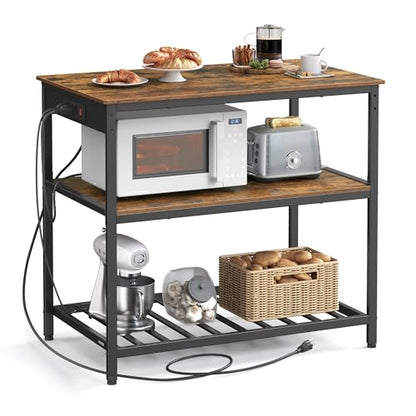 VASAGLE Kitchen Island with 3 Shelves, 39.4 Inches Width Kitchen Shelf with Power Strip, Large Worktop, Stable Steel Structure, Industrial, Easy to Assemble, Rustic Brown and Black UKKI105K01 - color: Rustic Brown + Black, size: 39.4"W x 34.9"H, style: wi