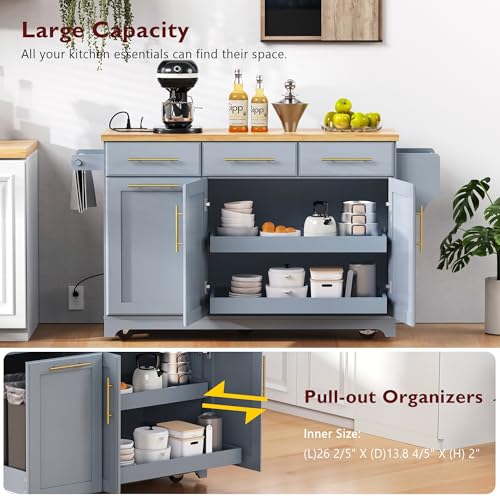 Kitchen Island with Trash Can Storage Cabinet and Power Outlet, Rolling Kitchen Cart on Wheels with Drop Leaf, Spice Rack, Towel Rack and Adjustable Shelf for Dining Room (60", Grey Blue) - color: Grey Blue